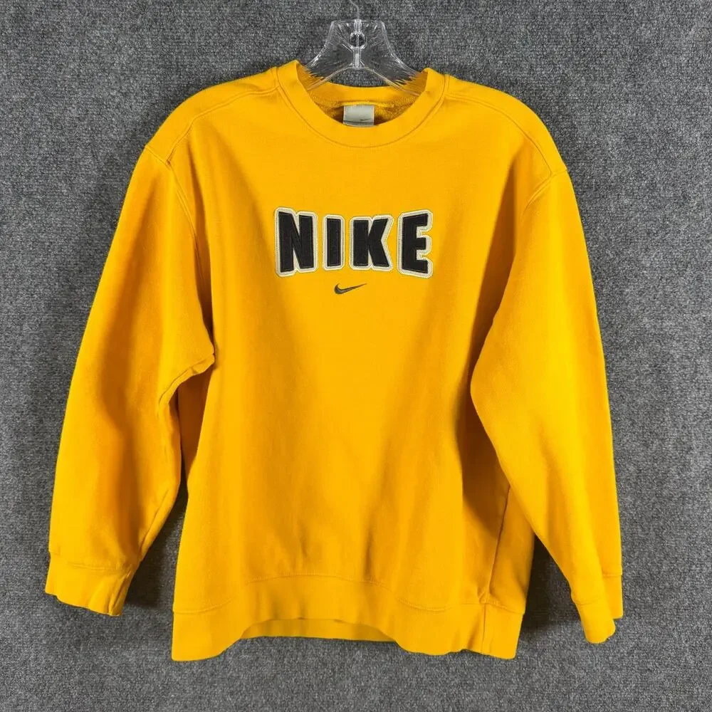 Vintage Nike Crewneck Sweatshirt Youth L 14-16 Yellow Spell Out Y2K Fleece